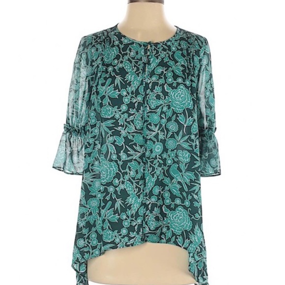 LC LAUREN CONRAD Top Blouse Pintuck Shark-Bite Patterned Teal Floral Size M L - Picture 4 of 14
